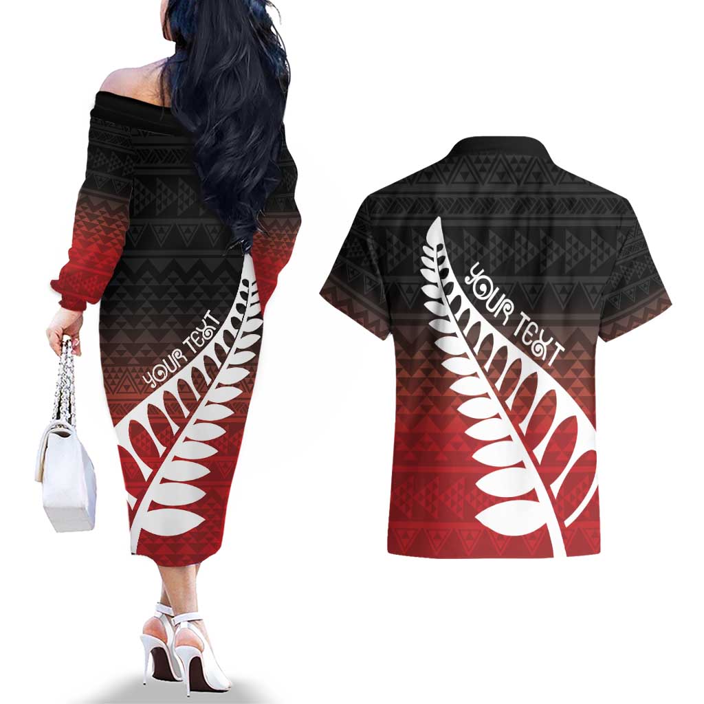 Red Silver Fern Spirit Taniko Tukutuku Personalised Couples Matching Off The Shoulder Long Sleeve Dress and Hawaiian Shirt