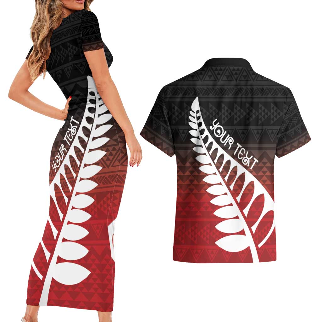 Red Silver Fern Spirit Taniko Tukutuku Personalised Couples Matching Short Sleeve Bodycon Dress and Hawaiian Shirt