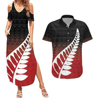 Red Silver Fern Spirit Taniko Tukutuku Personalised Couples Matching Summer Maxi Dress and Hawaiian Shirt