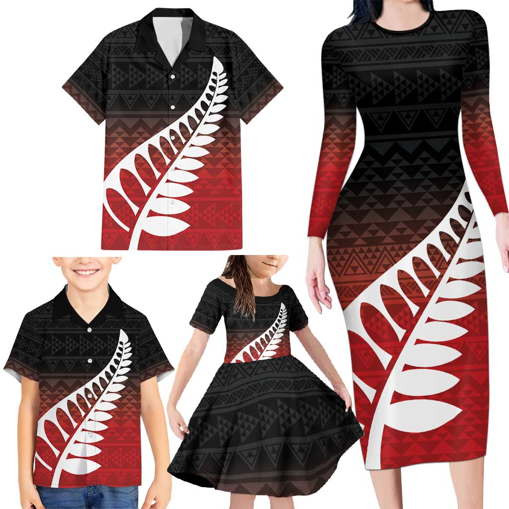 Red Silver Fern Spirit Taniko Tukutuku Personalised Family Matching Long Sleeve Bodycon Dress and Hawaiian Shirt