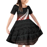 Red Silver Fern Spirit Taniko Tukutuku Personalised Family Matching Off Shoulder Short Dress and Hawaiian Shirt