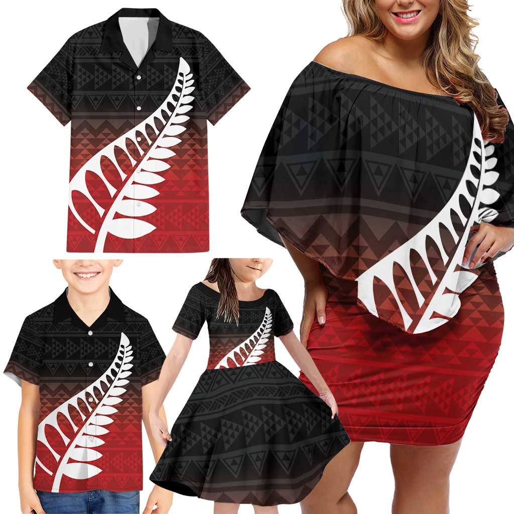 Red Silver Fern Spirit Taniko Tukutuku Personalised Family Matching Off Shoulder Short Dress and Hawaiian Shirt