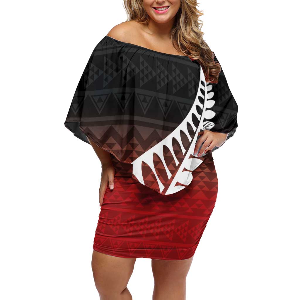 Red Silver Fern Spirit Taniko Tukutuku Personalised Family Matching Off Shoulder Short Dress and Hawaiian Shirt