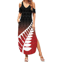 Red Silver Fern Spirit Taniko Tukutuku Personalised Family Matching Summer Maxi Dress and Hawaiian Shirt