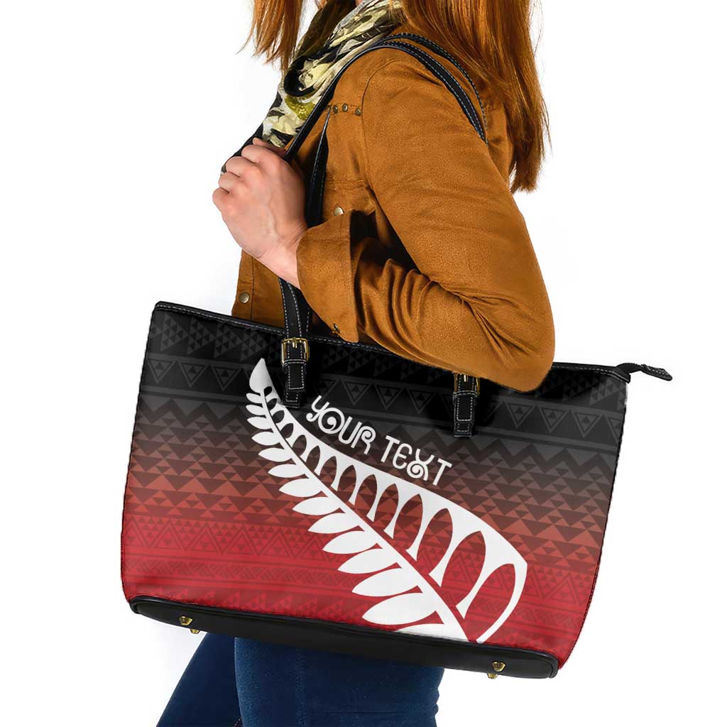Red Silver Fern Spirit Taniko Tukutuku Personalised Leather Tote Bag