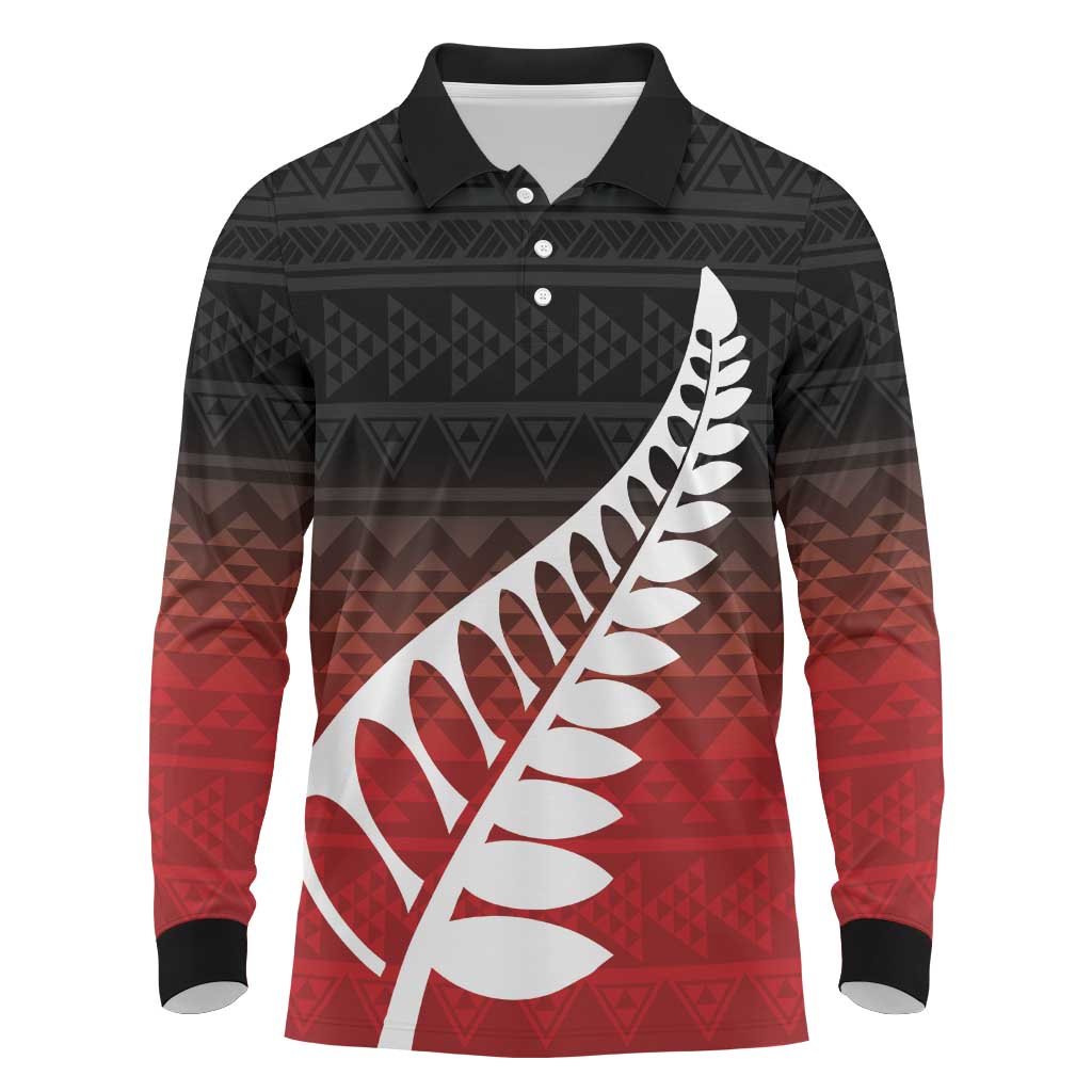 Red Silver Fern Spirit Taniko Tukutuku Personalised Long Sleeve Polo Shirt