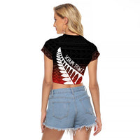 Red Silver Fern Spirit Taniko Tukutuku Personalised Raglan Cropped T Shirt
