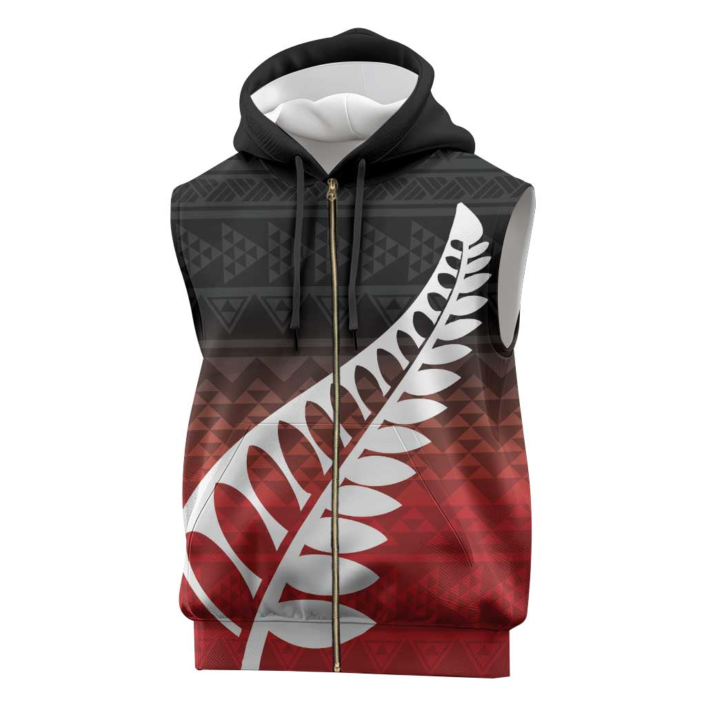 Red Silver Fern Spirit Taniko Tukutuku Personalised Sleeveless Zip Hoodie - Polynesian Pride