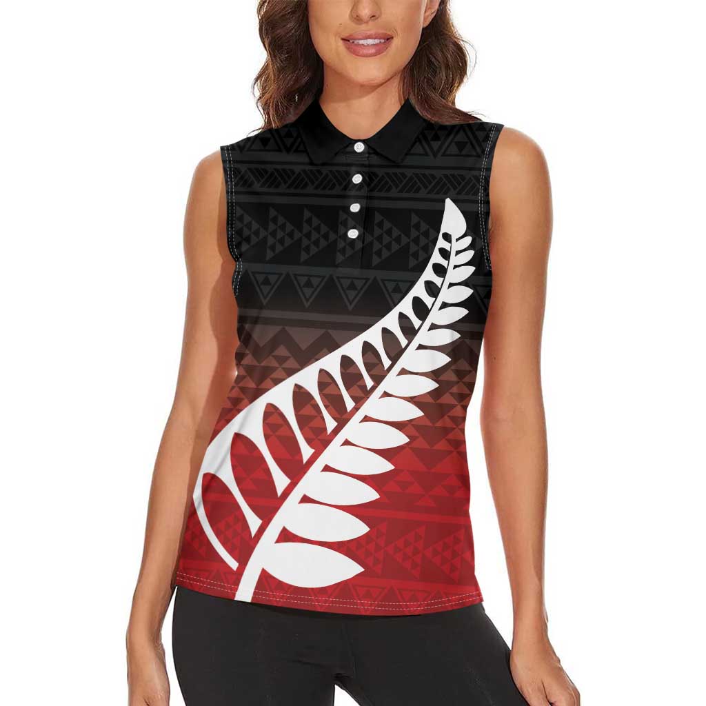 Red Silver Fern Spirit Taniko Tukutuku Personalised Women Sleeveless Polo Shirt