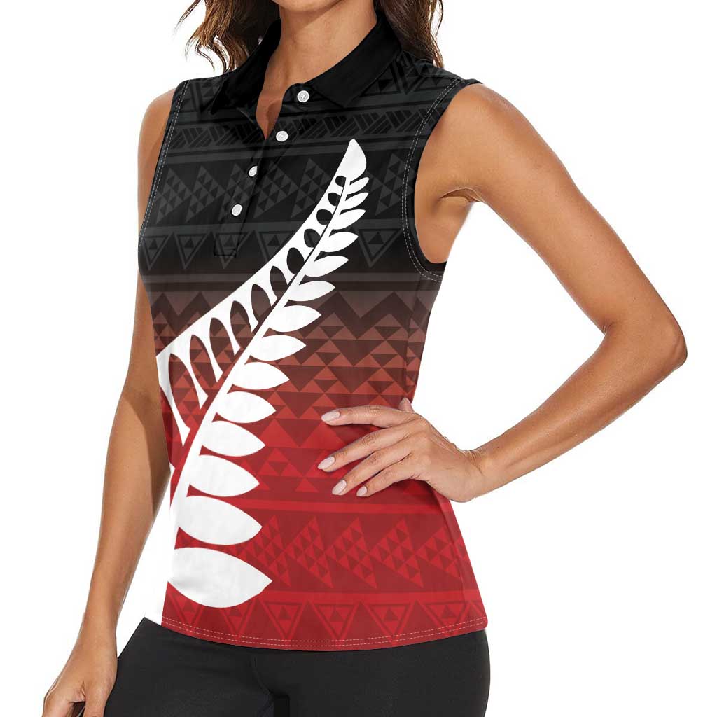 Red Silver Fern Spirit Taniko Tukutuku Personalised Women Sleeveless Polo Shirt