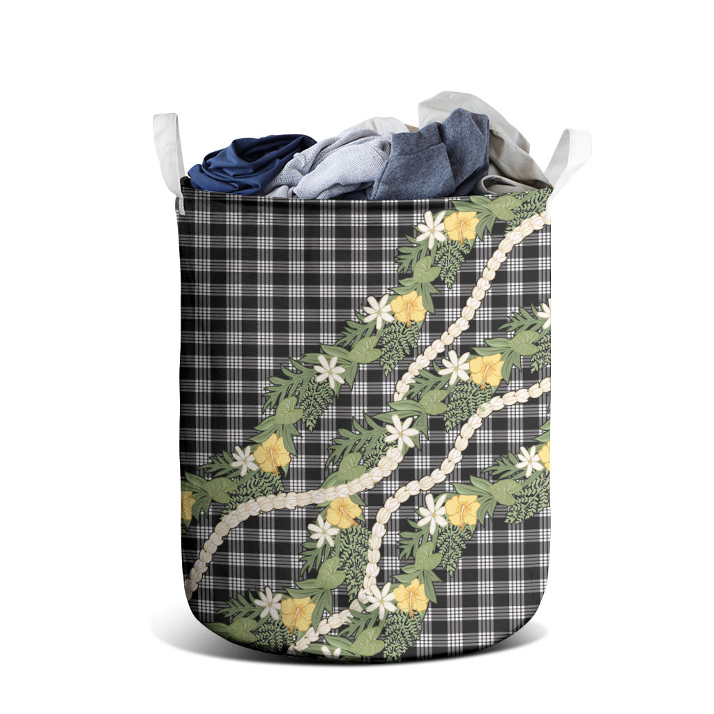 Aloha Puakenikeni Anthurium Pikake Lei Laundry Basket Black Hawaiian Palaka Pattern