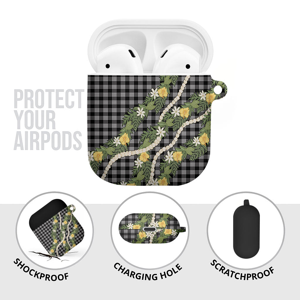 Aloha Puakenikeni Anthurium Pikake Lei AirPods Case Black Hawaiian Palaka Pattern
