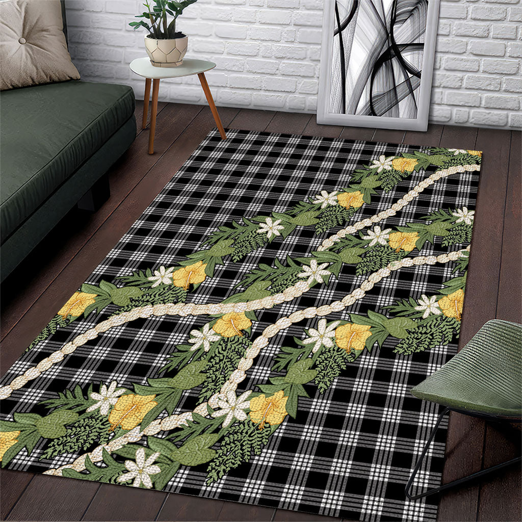 Aloha Puakenikeni Anthurium Pikake Lei Area Rug Black Hawaiian Palaka Pattern LT9 Black - Polynesian Pride