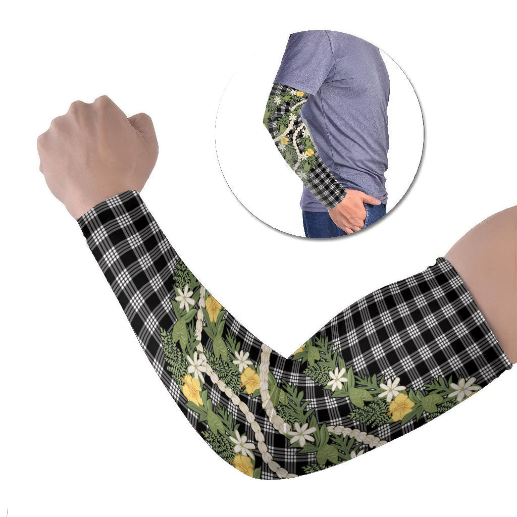 Aloha Puakenikeni Anthurium Pikake Lei Arm Sleeves Black Hawaiian Palaka Pattern