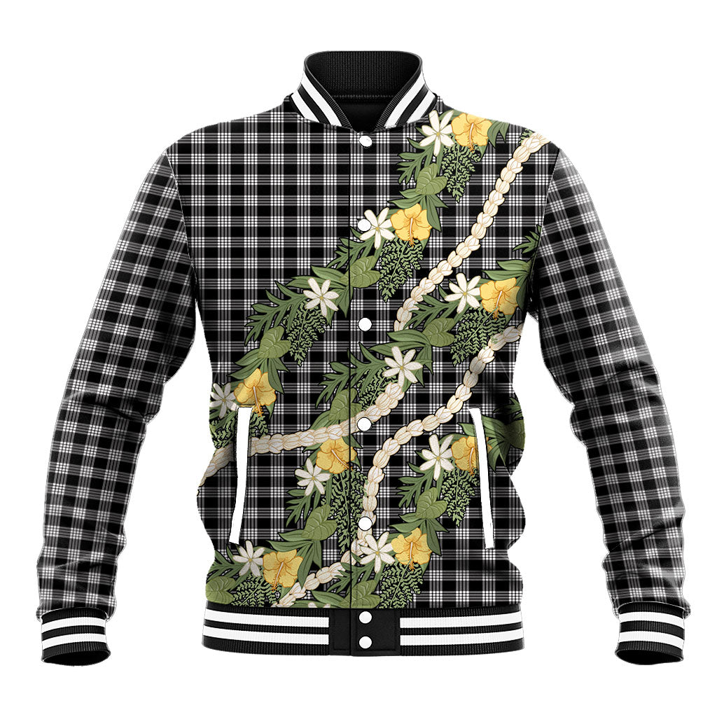 Aloha Puakenikeni Anthurium Pikake Lei Baseball Jacket Black Hawaiian Palaka Pattern LT9 Unisex Black - Polynesian Pride