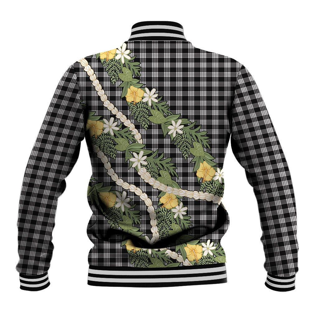 Aloha Puakenikeni Anthurium Pikake Lei Baseball Jacket Black Hawaiian Palaka Pattern
