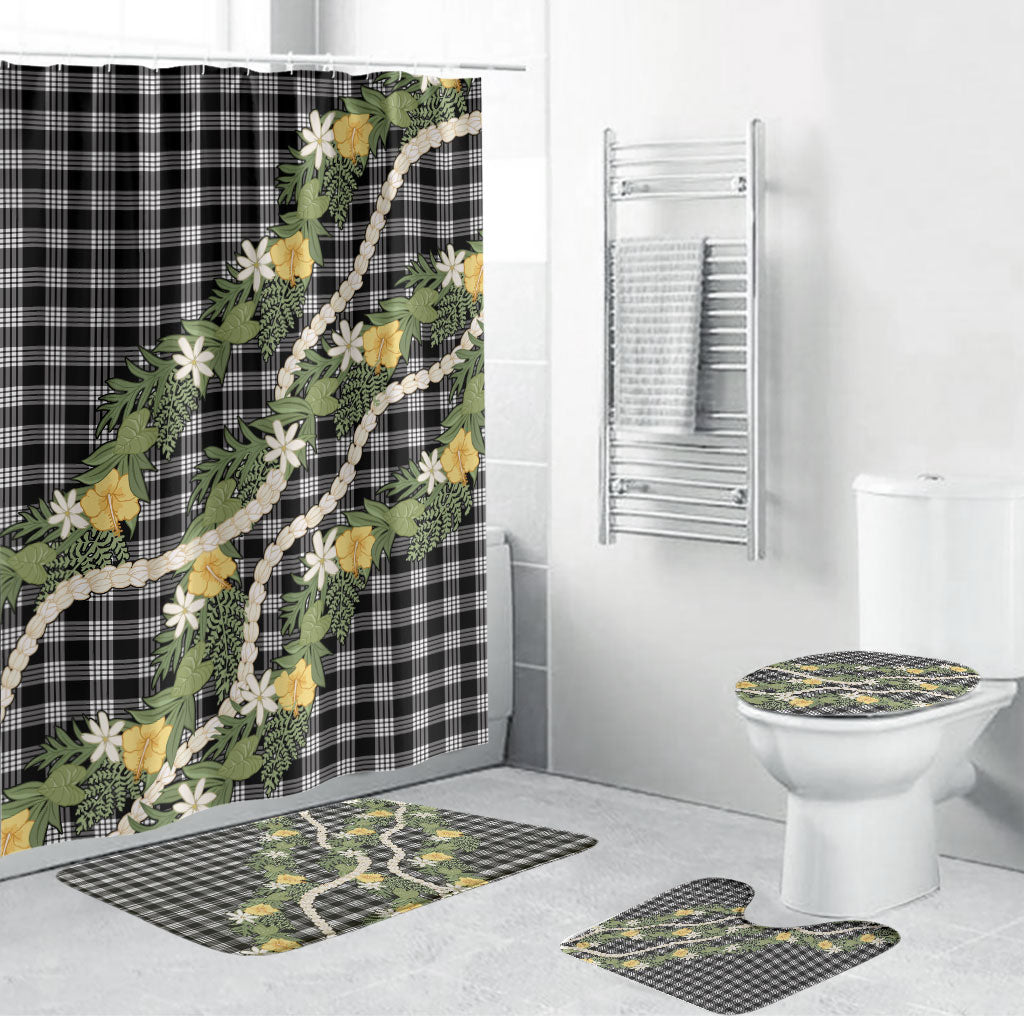 Aloha Puakenikeni Anthurium Pikake Lei Bathroom Set Black Hawaiian Palaka Pattern