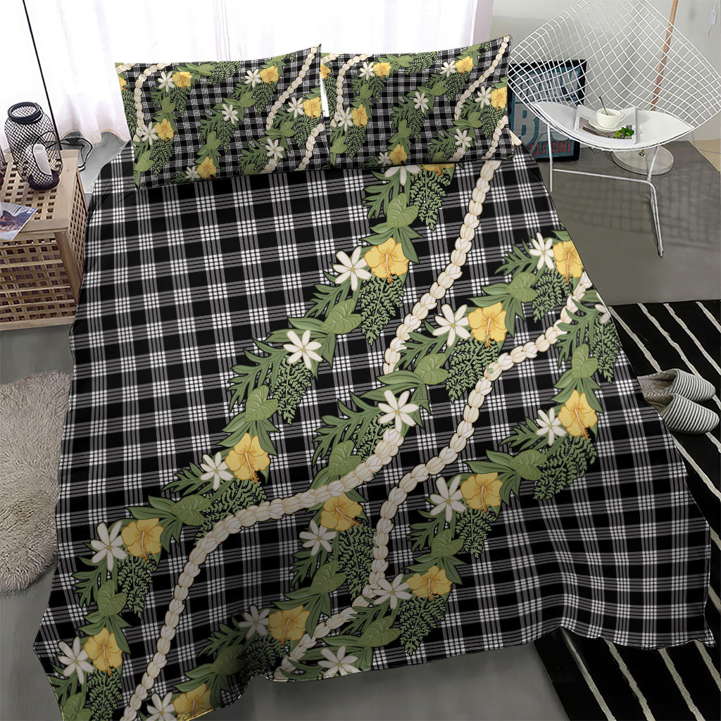 Aloha Puakenikeni Anthurium Pikake Lei Bedding Set Black Hawaiian Palaka Pattern