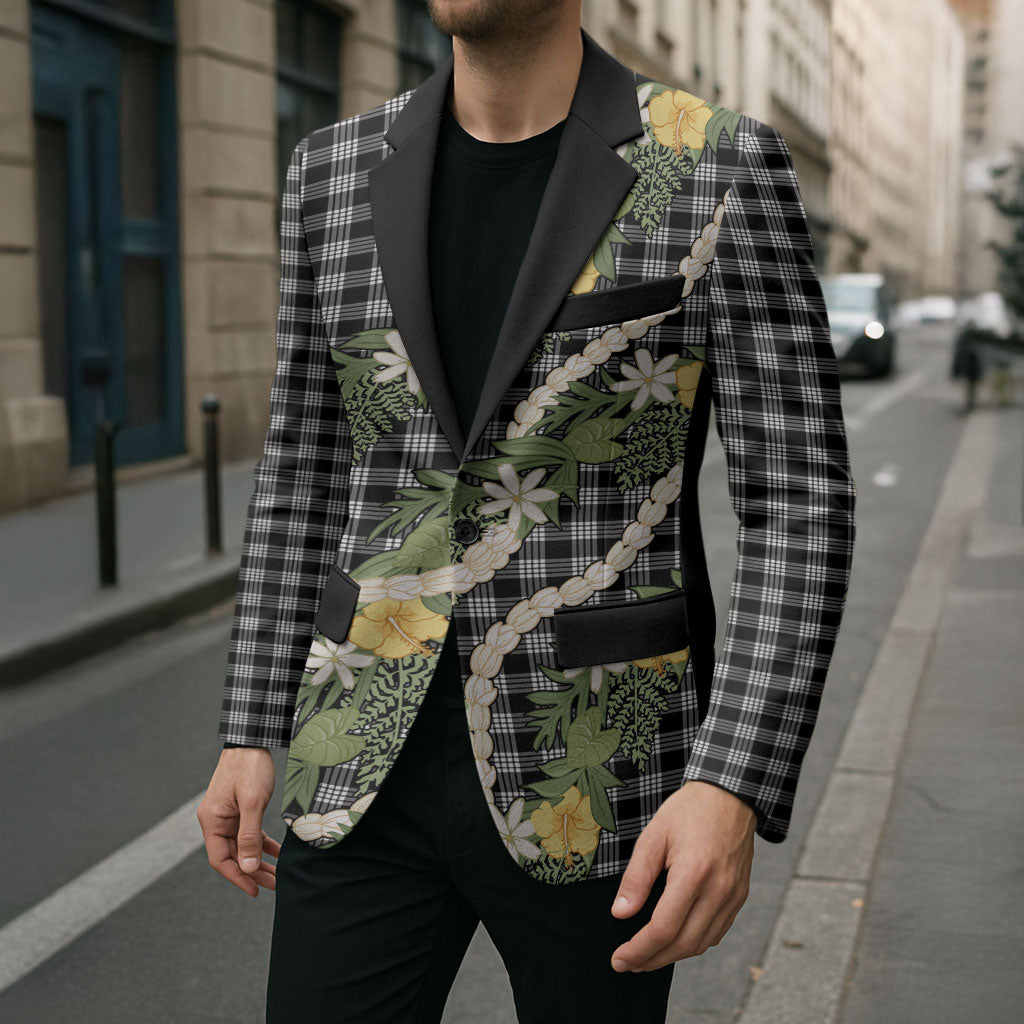 Aloha Puakenikeni Anthurium Pikake Lei Blazer Black Hawaiian Palaka Pattern