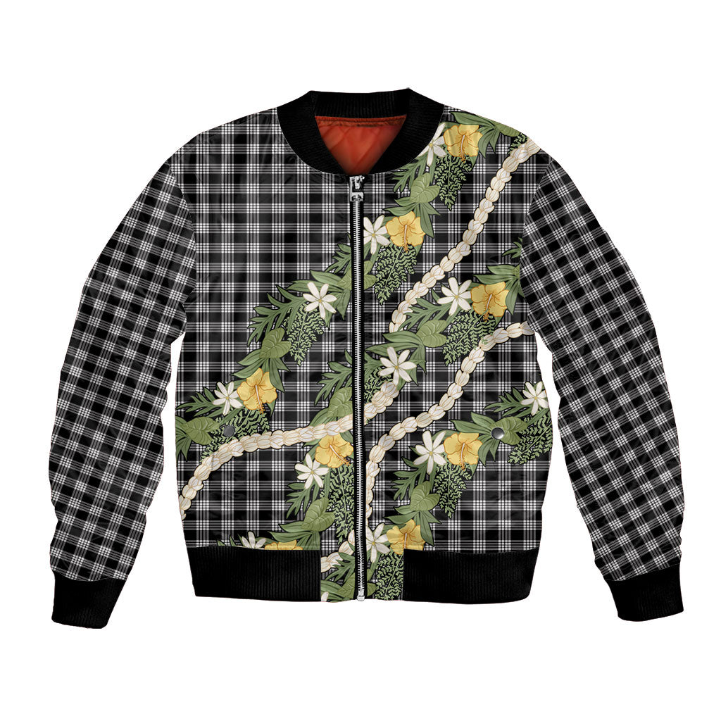 Aloha Puakenikeni Anthurium Pikake Lei Bomber Jacket Black Hawaiian Palaka Pattern LT9 Unisex Black - Polynesian Pride