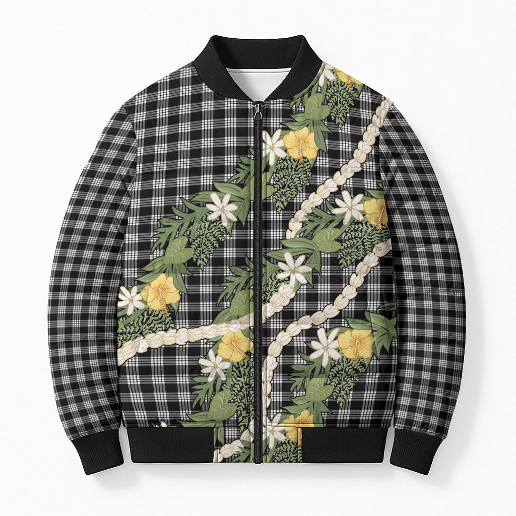 Aloha Puakenikeni Anthurium Pikake Lei Bomber Puffer Jacket Black Hawaiian Palaka Pattern