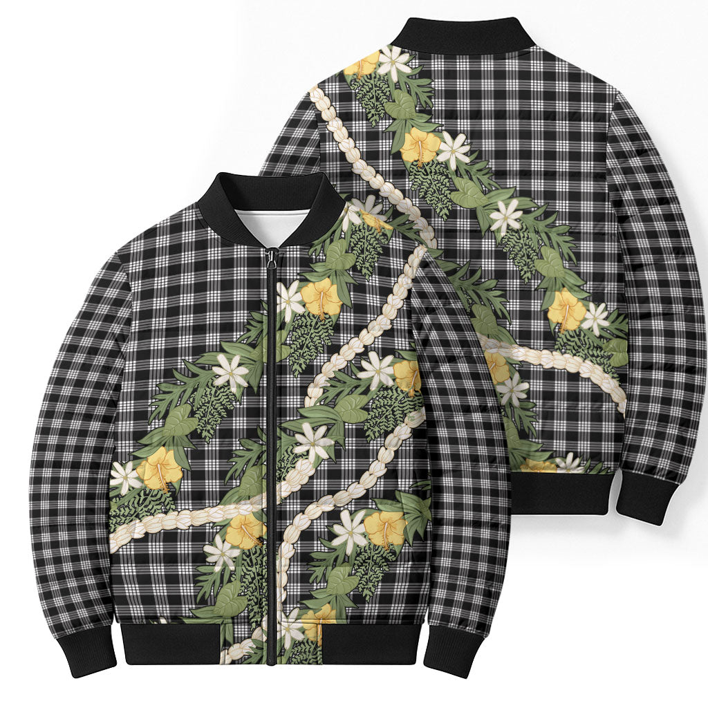Aloha Puakenikeni Anthurium Pikake Lei Bomber Puffer Jacket Black Hawaiian Palaka Pattern