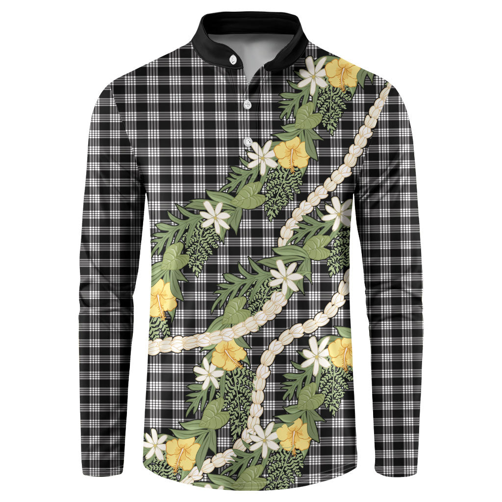 Aloha Puakenikeni Anthurium Pikake Lei Button Sweatshirt Black Hawaiian Palaka Pattern LT9 Black - Polynesian Pride