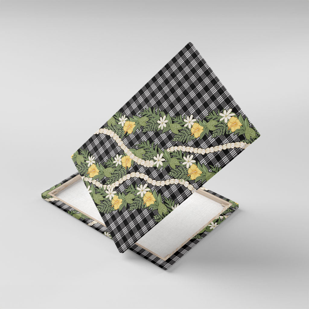 Aloha Puakenikeni Anthurium Pikake Lei Canvas Wall Art Black Hawaiian Palaka Pattern