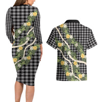 Aloha Puakenikeni Anthurium Pikake Lei Couples Matching Long Sleeve Bodycon Dress and Hawaiian Shirt Black Hawaiian Palaka Pattern