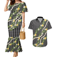 Aloha Puakenikeni Anthurium Pikake Lei Couples Matching Mermaid Dress and Hawaiian Shirt Black Hawaiian Palaka Pattern