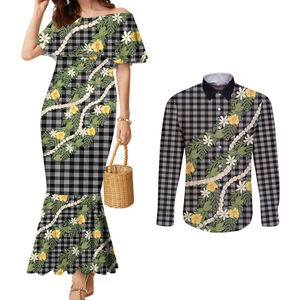 Aloha Puakenikeni Anthurium Pikake Lei Couples Matching Mermaid Dress and Long Sleeve Button Shirt Black Hawaiian Palaka Pattern