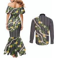 Aloha Puakenikeni Anthurium Pikake Lei Couples Matching Mermaid Dress and Long Sleeve Button Shirt Black Hawaiian Palaka Pattern