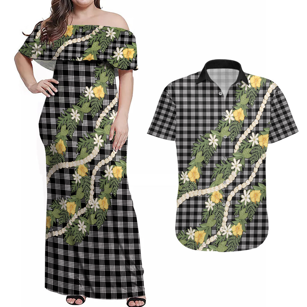 Aloha Puakenikeni Anthurium Pikake Lei Couples Matching Off Shoulder Maxi Dress and Hawaiian Shirt Black Hawaiian Palaka Pattern