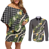 Aloha Puakenikeni Anthurium Pikake Lei Couples Matching Off Shoulder Short Dress and Long Sleeve Button Shirt Black Hawaiian Palaka Pattern