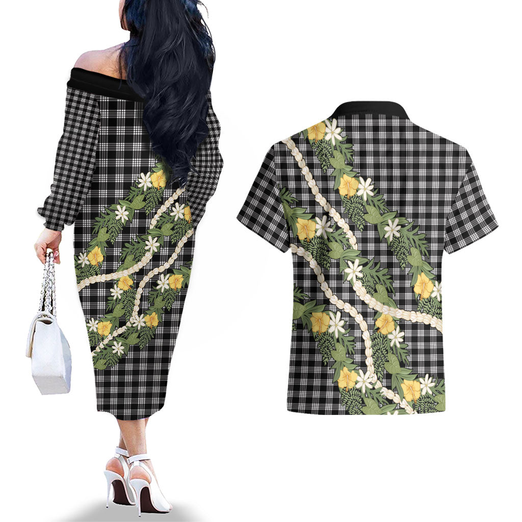Aloha Puakenikeni Anthurium Pikake Lei Couples Matching Off The Shoulder Long Sleeve Dress and Hawaiian Shirt Black Hawaiian Palaka Pattern