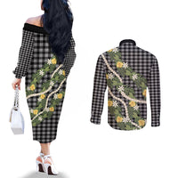 Aloha Puakenikeni Anthurium Pikake Lei Couples Matching Off The Shoulder Long Sleeve Dress and Long Sleeve Button Shirt Black Hawaiian Palaka Pattern