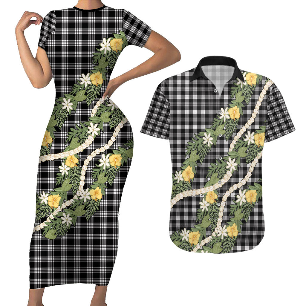 Aloha Puakenikeni Anthurium Pikake Lei Couples Matching Short Sleeve Bodycon Dress and Hawaiian Shirt Black Hawaiian Palaka Pattern
