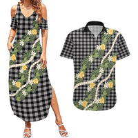 Aloha Puakenikeni Anthurium Pikake Lei Couples Matching Summer Maxi Dress and Hawaiian Shirt Black Hawaiian Palaka Pattern