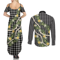 Aloha Puakenikeni Anthurium Pikake Lei Couples Matching Summer Maxi Dress and Long Sleeve Button Shirt Black Hawaiian Palaka Pattern