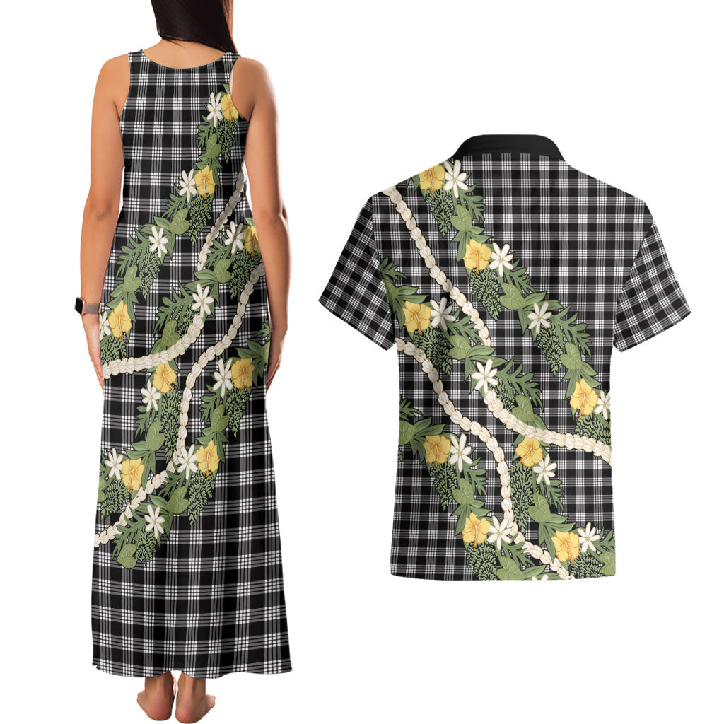 Aloha Puakenikeni Anthurium Pikake Lei Couples Matching Tank Maxi Dress and Hawaiian Shirt Black Hawaiian Palaka Pattern