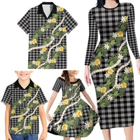 Aloha Puakenikeni Anthurium Pikake Lei Family Matching Long Sleeve Bodycon Dress and Hawaiian Shirt Black Hawaiian Palaka Pattern