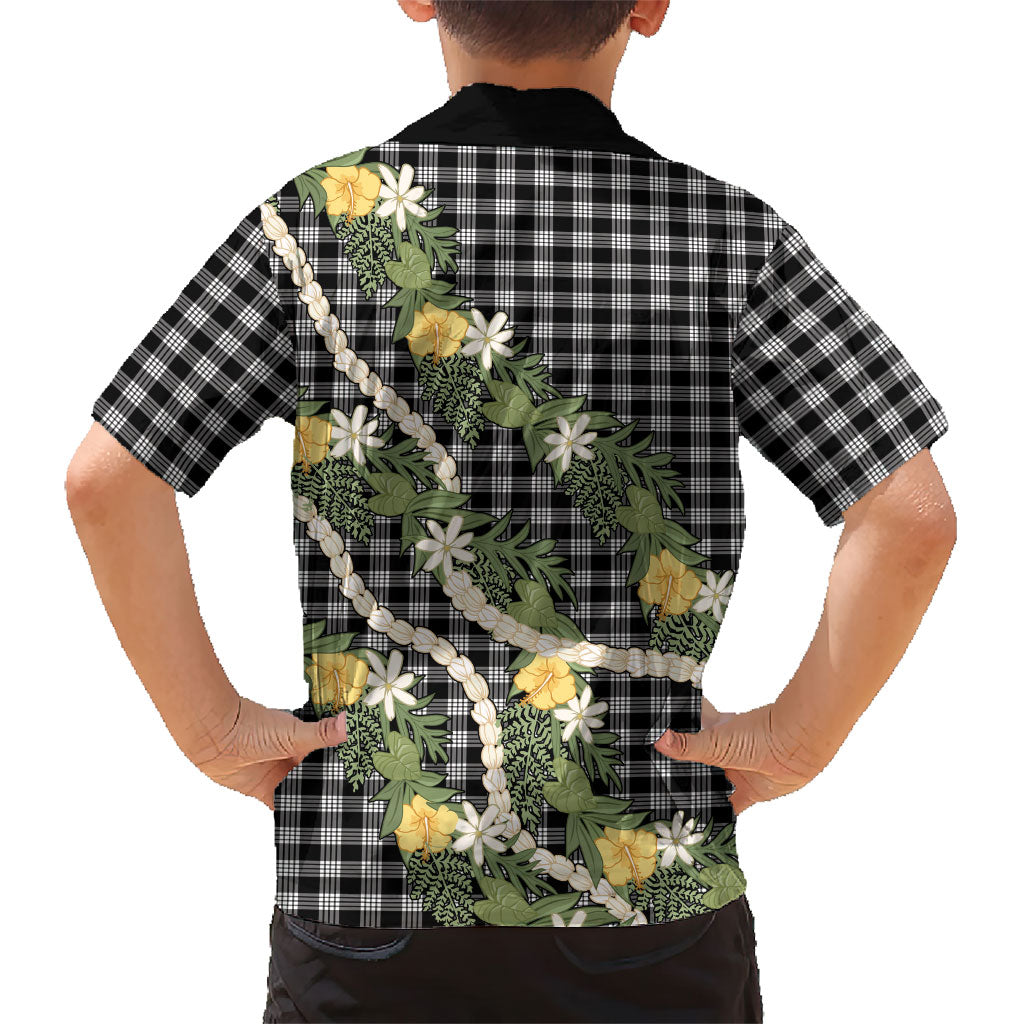 Aloha Puakenikeni Anthurium Pikake Lei Family Matching Off The Shoulder Long Sleeve Dress and Hawaiian Shirt Black Hawaiian Palaka Pattern