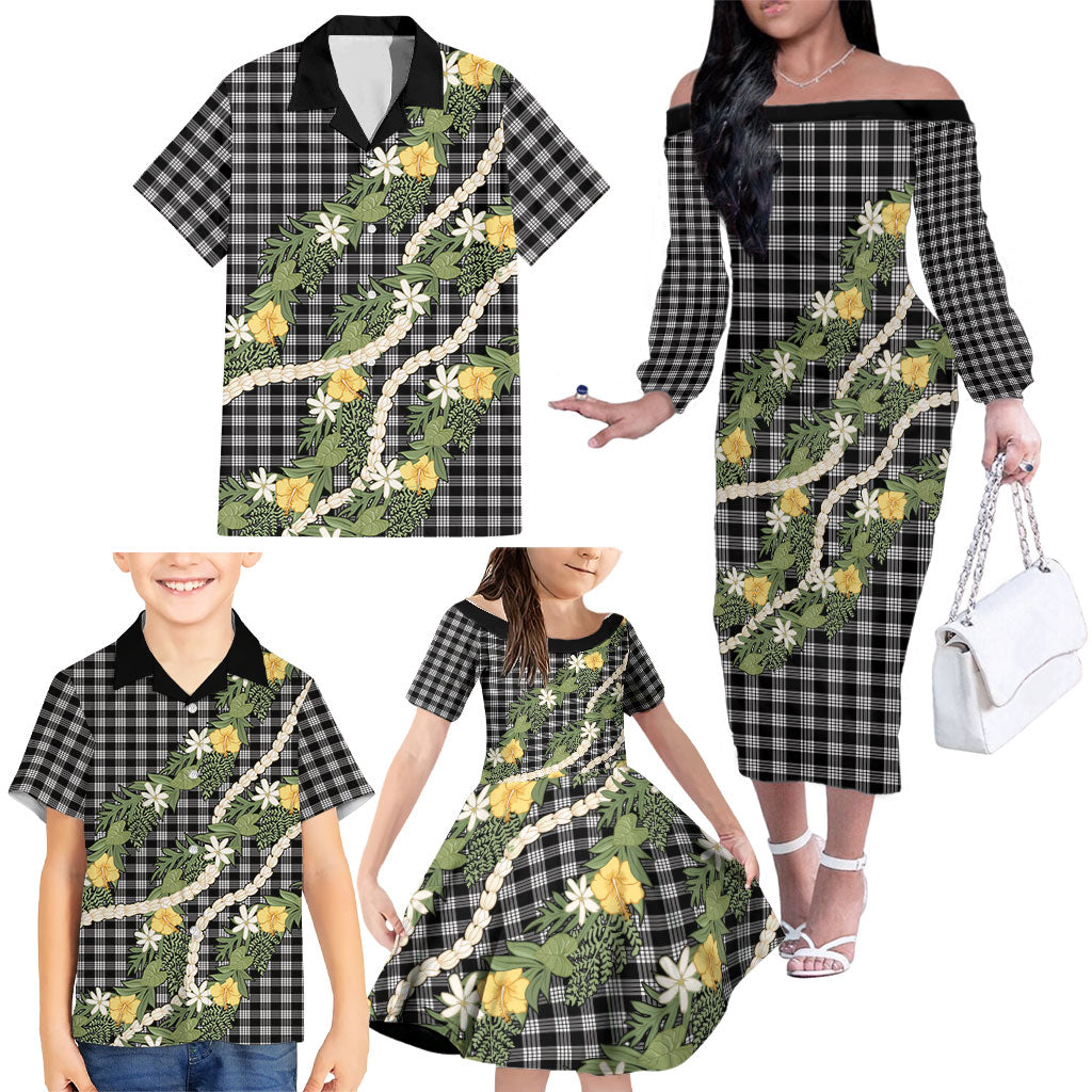 Aloha Puakenikeni Anthurium Pikake Lei Family Matching Off The Shoulder Long Sleeve Dress and Hawaiian Shirt Black Hawaiian Palaka Pattern