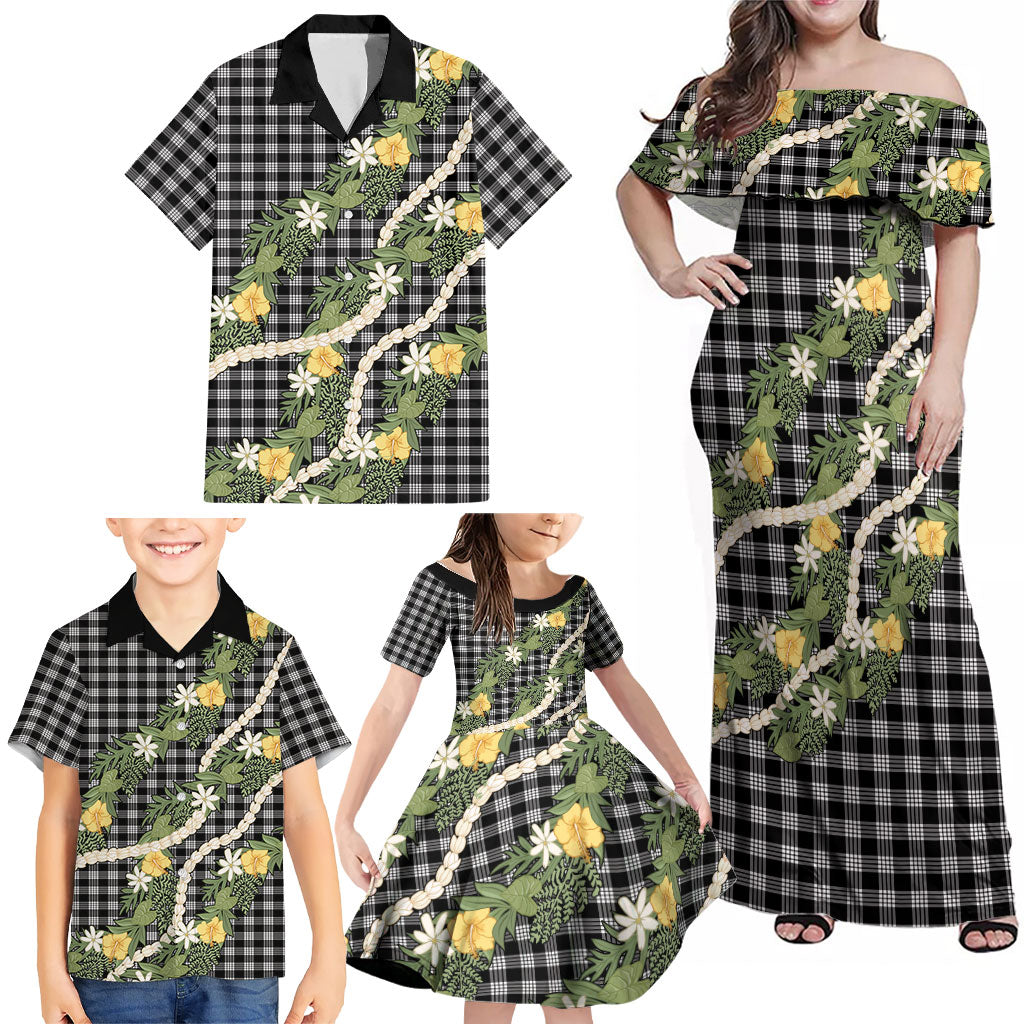 Aloha Puakenikeni Anthurium Pikake Lei Family Matching Off Shoulder Maxi Dress and Hawaiian Shirt Black Hawaiian Palaka Pattern