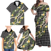 Aloha Puakenikeni Anthurium Pikake Lei Family Matching Off Shoulder Maxi Dress and Hawaiian Shirt Black Hawaiian Palaka Pattern