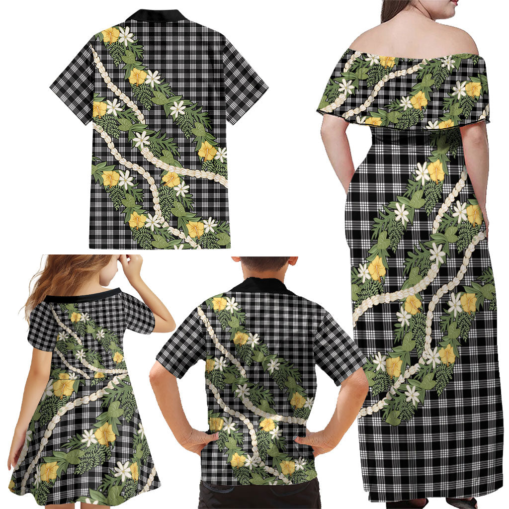 Aloha Puakenikeni Anthurium Pikake Lei Family Matching Off Shoulder Maxi Dress and Hawaiian Shirt Black Hawaiian Palaka Pattern