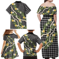 Aloha Puakenikeni Anthurium Pikake Lei Family Matching Off Shoulder Maxi Dress and Hawaiian Shirt Black Hawaiian Palaka Pattern