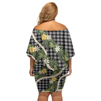 Aloha Puakenikeni Anthurium Pikake Lei Family Matching Off Shoulder Short Dress and Hawaiian Shirt Black Hawaiian Palaka Pattern