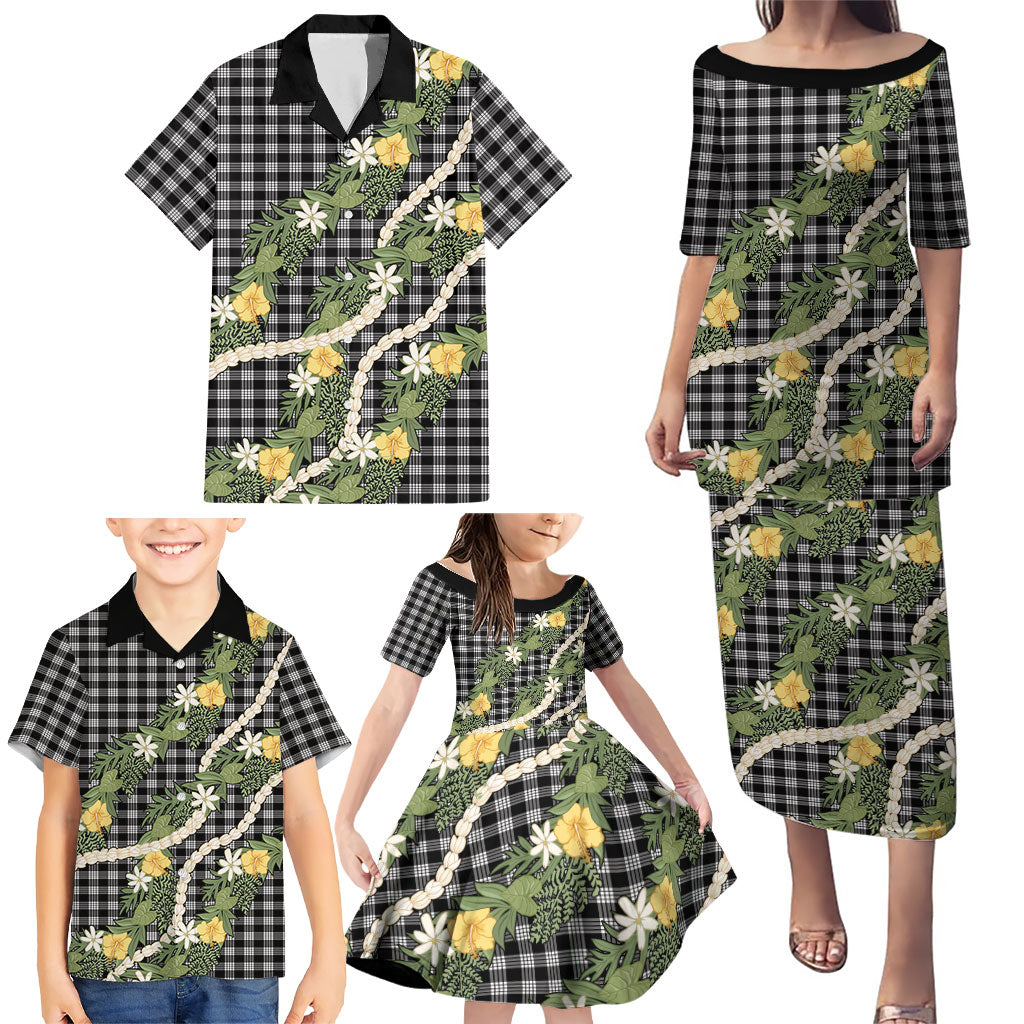 Aloha Puakenikeni Anthurium Pikake Lei Family Matching Puletasi and Hawaiian Shirt Black Hawaiian Palaka Pattern