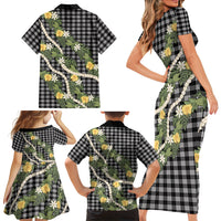 Aloha Puakenikeni Anthurium Pikake Lei Family Matching Short Sleeve Bodycon Dress and Hawaiian Shirt Black Hawaiian Palaka Pattern